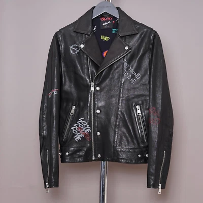 THE KOOPLES Leather Jacket SMALL Mens Black Biker Orlinski Graffiti Tag Punk Art - Image 1 of 4