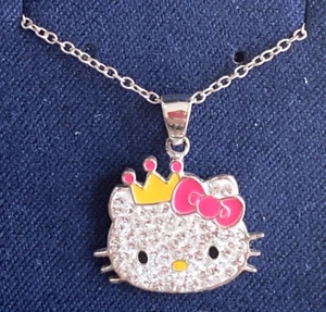 👑Sanrio Sterling Silver Jeweled Hello Kitty with Crown & Bow Pendant & Chain🎀☜ - Picture 1 of 7