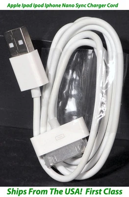 Apple Sync Charger Cord for Ipad Ipod Nano Iphone 4 - 3ft 30 Pin Gen 1 & 2 White - Image 1 of 4
