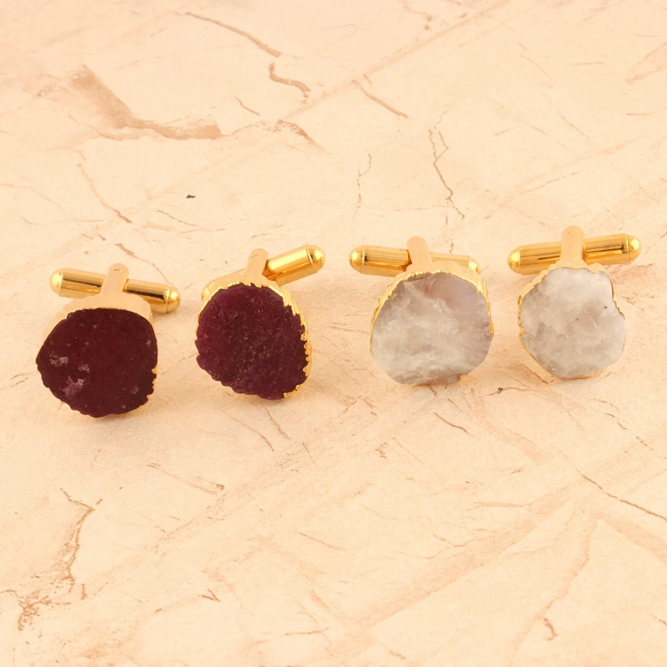Genuine Moonstone Ruby Jade Quartz Gold Plated Men's Wear Cufflinks 2 Pairs Lot - Image 1 of 3
