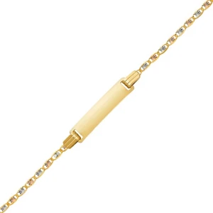 14K Yellow Gold Valentino ID Bracelet 2mm 5+1" -Free Engrave Name Plate Baby Kid - Picture 1 of 2