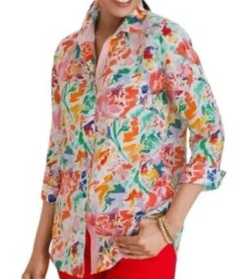 Blusa Chico’s 2 = L 12/14 Sin Planchar Fresca Elegante 100% Lino Floral Abotonada Top Foto 1 de 4