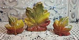 Set of Ceramic Maple Leaves Salt & Pepper Shakers w/ Napkin Holder Autumn Fall - Picture 1 of 8