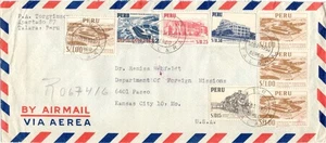 Peru Topic TRAIN Building ++ 8 stamp used on Registered cover to USA 1955 - Picture 1 of 2