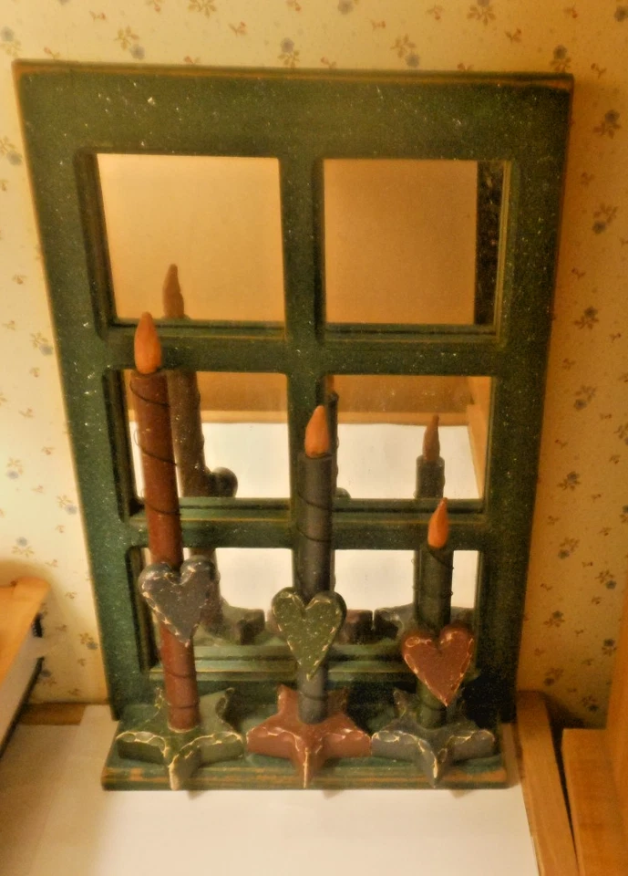 Country wood 6-pane mirror window w/ 3 wooden candles & hearts on shelf 16x10.5 - Image 1 of 4