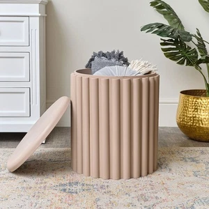 Taupe Wooden Fluted Storage Stool Side Table neutral stone home decor - Picture 1 of 5