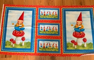 Gnomes Wee folks Fabric Panel by Ingrid for Moda Made in Japan Gnomes Blue & Red - Picture 1 of 5