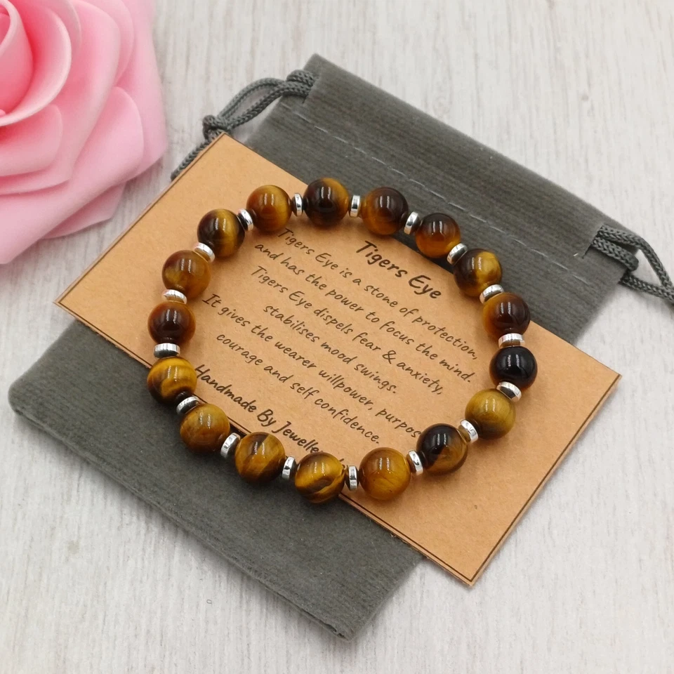 Pulsera TIGERS EYE elástica hecha a mano + bolsa de regalo y tarjeta cristal piedras preciosas 6/8 mm Foto 1 de 4