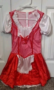 JUNIOR MISS RED RIDING HOOD COSTUME RED WHITE LACE UP FRONT M 7-9 - Missing Cape - Picture 1 of 6