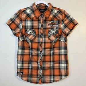 Harley Davidson Women’s Genuine Oil Can Plaid Short Sleeve Shirt Size M - Picture 1 of 12