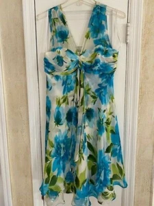 Donna Ricco Dress "10P" White with Blue and Green floral print V-neck sleeveless - Picture 1 of 3