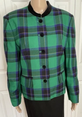 Traje de 2 piezas vintage Morgan Miller 14 verde chaqueta a cuadros falda negra ribete terciopelo Foto 1 de 4