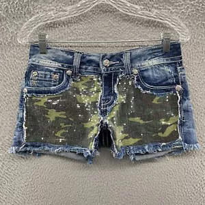 Miss Me Shorts Womens 27 Blue Cut Off Camo Sequins Gothic Rock Denim Jean Shorts - Picture 1 of 14