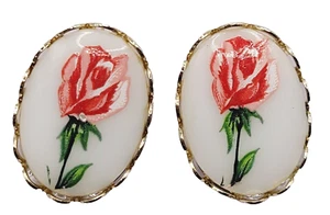 Feminine Floral Hand Painted Rose on White Ceramic Gold Tone Screw Back Earrings - Picture 1 of 18