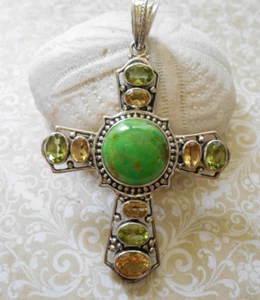 Nicky Butler Oxidized Sterling Gaspiete Citrine Peridot Cross Pendant 55P80 - Picture 1 of 12