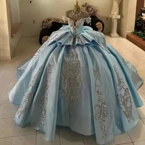 Sky Blue Off Shoulder Bow Ruffles Quinceanera Dress Ball Gown Appliques Sweet 16 - Picture 1 of 8
