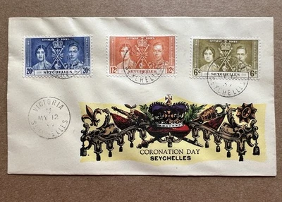 1937 Seychelles Coronación FDC Rey Jorge VI 3v Set Victoria Cancelar Foto 1 de 4