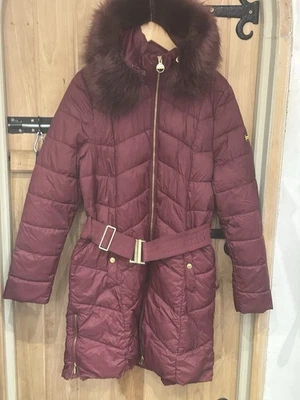 Barbour International Fibredown Belted Coat UK 18 Burgundy Faux Fur Hood - Image 1 of 4