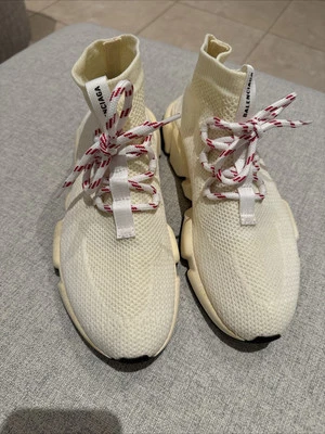 Balenciaga Off White Knit Fabric Speed Lace Up High Top Sneakers Size 38 - Image 1 of 4