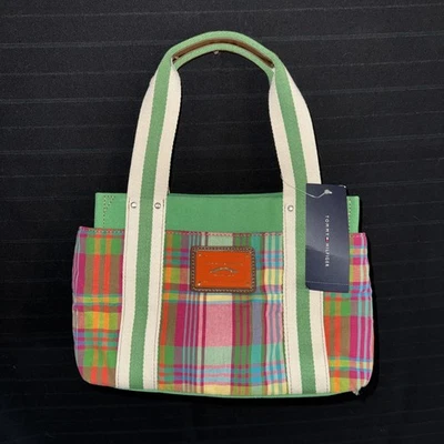 NUEVO CON ETIQUETAS Tommy Hilfiger Madras Cartera Bolso de Mano de Lona a Cuadros Verde Naranja Rosa Preppy Foto 1 de 4