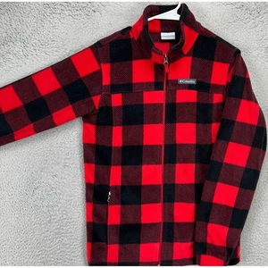 Columbia Boys Fleece Jacket XL Red Black Buffalo Check Full Zip Long Sleeve Logo - Picture 1 of 9