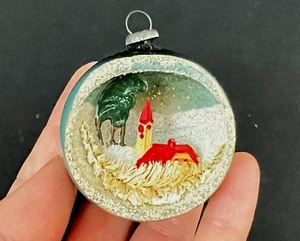 VTG Japan Mica Mercury Glass Indent Village Scene Diorama Christmas Ornament 2'' - Picture 1 of 5