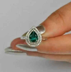 Natural Green Emerald 2Ct Pear Cut Halo Engagement Ring 14K White Gold Plated - Picture 1 of 8