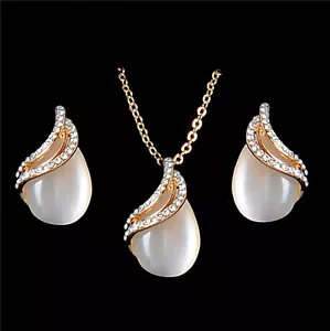 Gold Plated Pear Drop Necklace Pendant Crystal Earring Women Fashion Jewelry Set - Picture 1 of 7