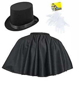 Adults Mantle Cape Top Hat & Gloves Victorian Gentleman Magician Fancy Dress - Picture 1 of 4