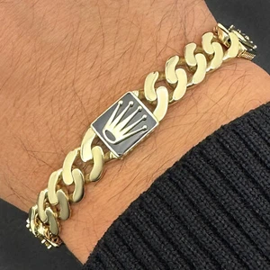 Real 14K Gold 10mm Miami Cuban Royal Crown Bracelet 7.5" Solid CZ Pavé - Picture 1 of 7