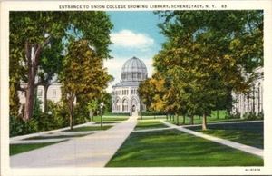 BIBLIOTECA DE ENTRADA UNION COLLEGE Schenectady, Nueva York NY lino postal sin usar - Imagen 1 de 2