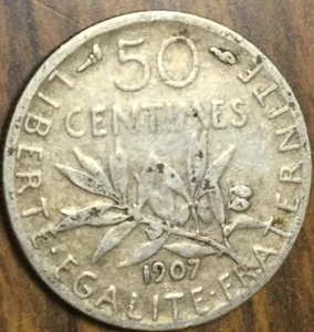 1907 FRANCE SILVER 50 CENTIMES COIN - Picture 1 of 2