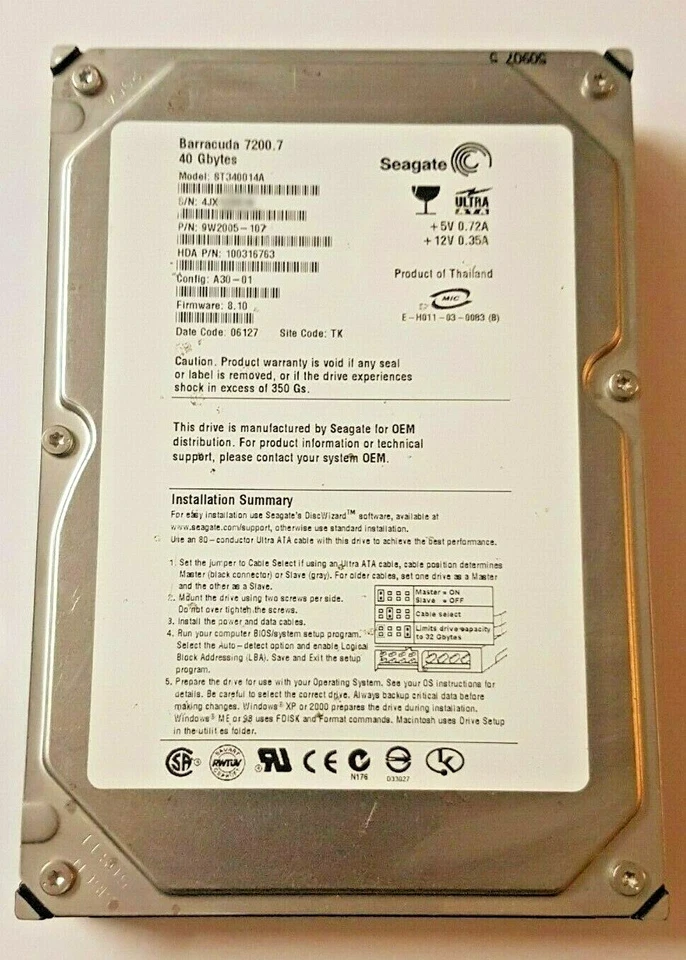 40 GB IDE Seagate Barracuda 7200.7 ST340014A P-ATA 2MB Internal HDD 3.5" - Image 1 of 1