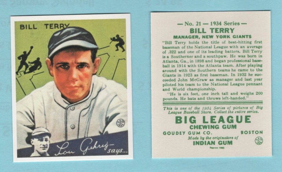 1934 Goudey Béisbol Reimpresión # 21 Bill Terry -- New York Giants - Caja 741 Foto 1 de 1