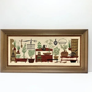 Vintage Framed Linen Country Print By Robert Dare Wert Folk Art Kitchen MCM - Picture 1 of 10