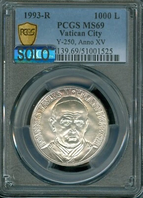 1993 R VATICAN SILVER 1000 LIRE POPE JOHN PAUL II  XV PCGS MS69 MAC SOLO FINEEST - Image 1 of 2