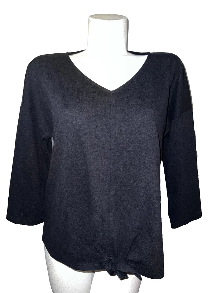 Talbots Top Women's Size XLP Black V-neck 3/4 Sleeve Blouse w/Tie Strap Hem - Image 1 of 4