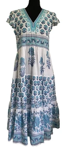 Bella Tu Midi Dress Size Small White Blue Floral Tribal Embroidery Mirror Beads - Picture 1 of 12