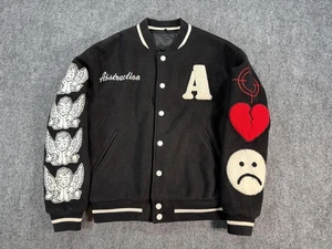 Abstraction Varsity Jacket Mens Large Black Chenille Patch Angels Heart Globe - Picture 1 of 12