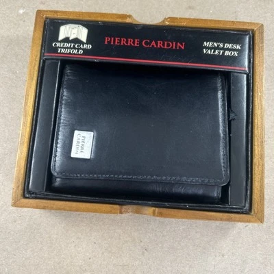 Vintage Pierre Cardin Trifold Leather Wallet Desk Box Tag Black Credit Card Tray - Image 1 of 4