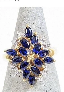 Sapphire Blue Cluster Ring Sz 9 14kg 925 Silver -cocktail Ring Lab Created Stone - Picture 1 of 5