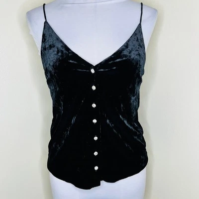 Camiseta sin mangas Topshop de terciopelo aplastado Cami 2 negra con botones cuello en V estrás grunge Foto 1 de 4