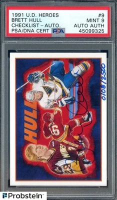 1991 UD Heroes Hockey #9 Brett Hull HOF Checlist/2500 PSA 9 PSA/ADN AUTO Foto 1 de 2