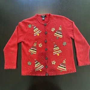 Festive Red Christmas Sweater with Tree & Snowflake Embroidery, Size M - Picture 1 of 12