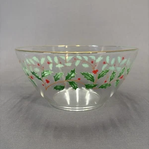 Arcoroc Christmas Holly Berry Glass Serving Bowl 9" Gold Trim France Holiday - Picture 1 of 10