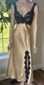 Vintage Victoria's Secret Gold Satin Long Nightgown Slip Sz L Black Lace 90s - Picture 1 of 13