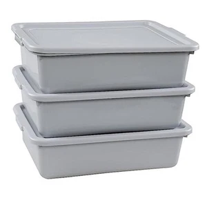 3-Pack 13 L Commercial Bus Tub Box, Plastic Restaurant Bus Tubs with Lids, Grey - Picture 1 of 8