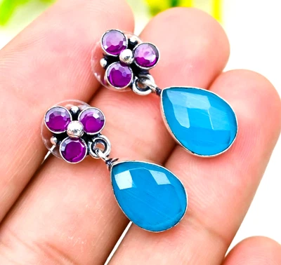 Orecchini gioielli fatti a mano in argento sterling 925 con pietra preziosa... - Immagine 1 di 4