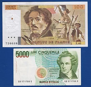 100 Francs 1980, France banknote + 5000 Lire 1985, Italy Italia banknotes ! - Picture 1 of 2