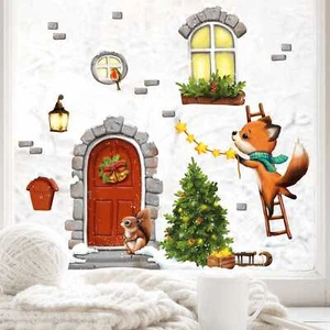 Fensterbild Weihnachten Winter Weihnachtstür Fuchs Leiter Weihnachtsdeko Kinder - Bild 1 von 14